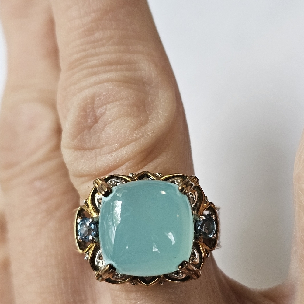 Genuine Gems en Vogue Cushion Chalcedony & Swiss Blue Topaz Ring Sz 8! - Picture 6 of 6